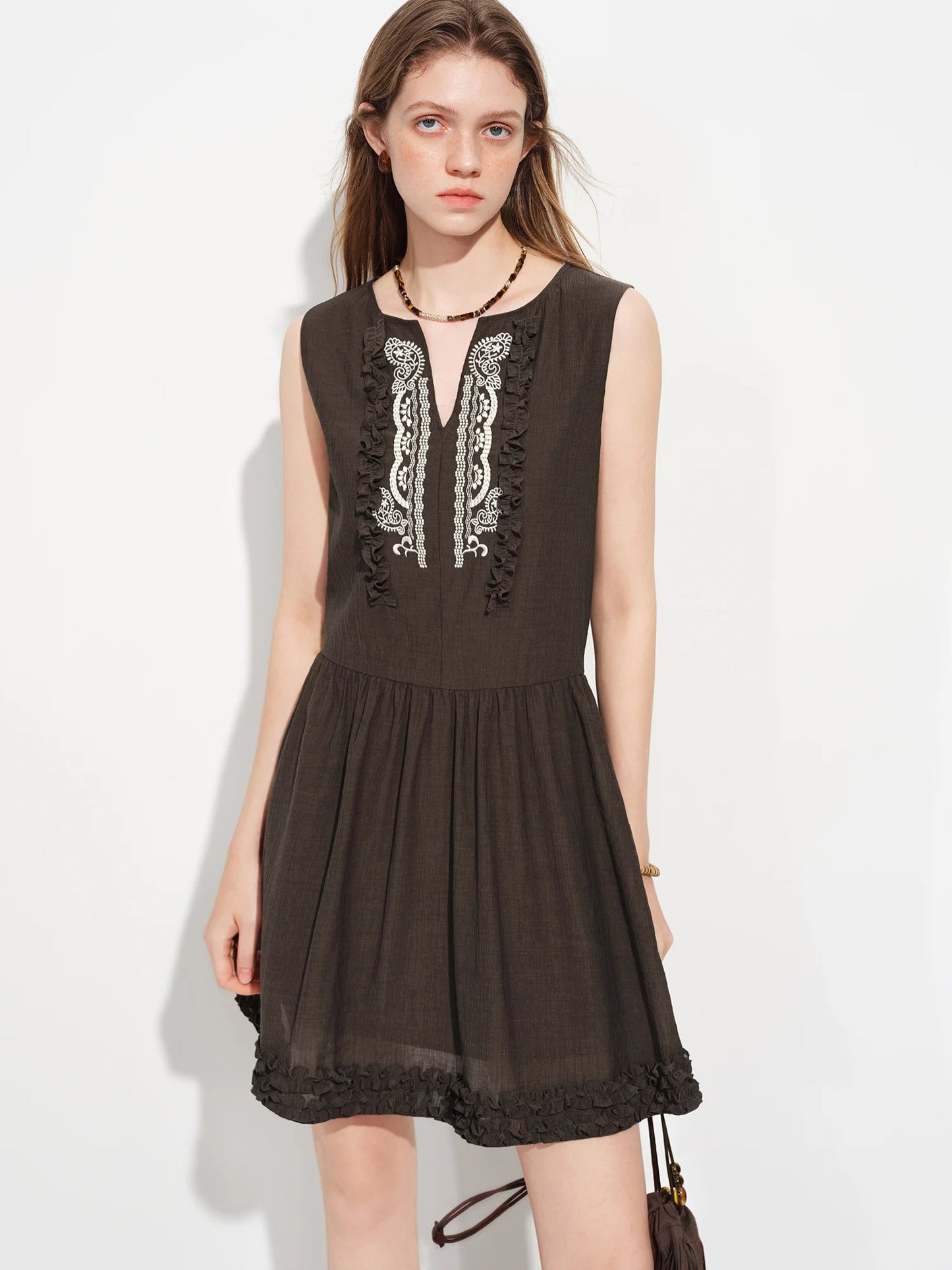 Brown Embroidered Sleeveless Mini Dress
