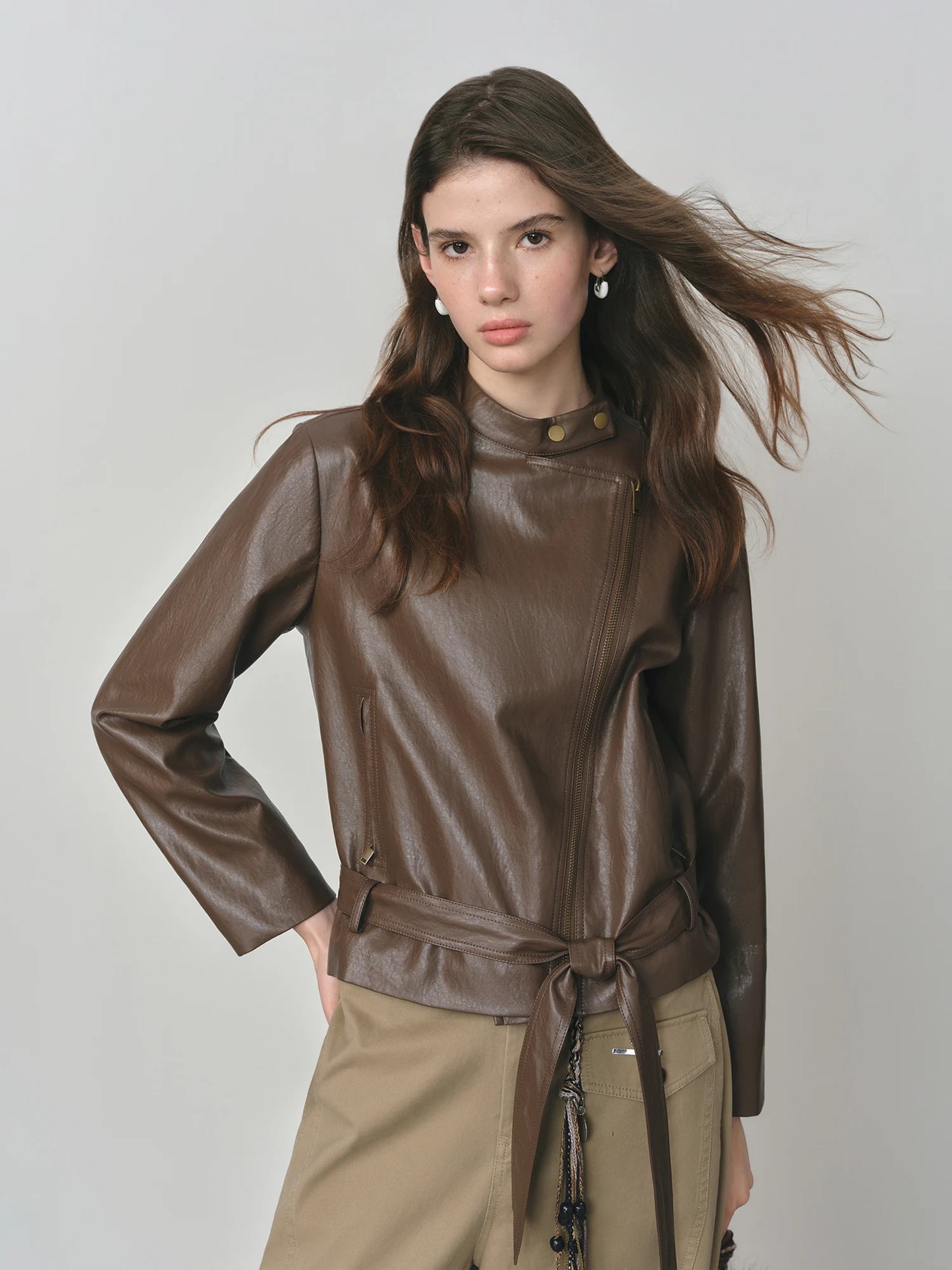 Brown Belted Leather Biker Jacket