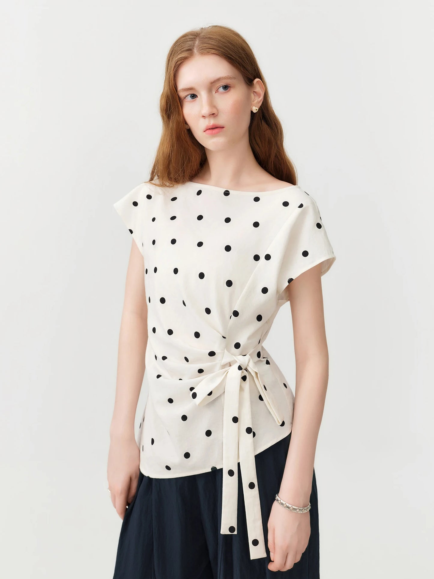 Polka Dot Tie Waist Blouse