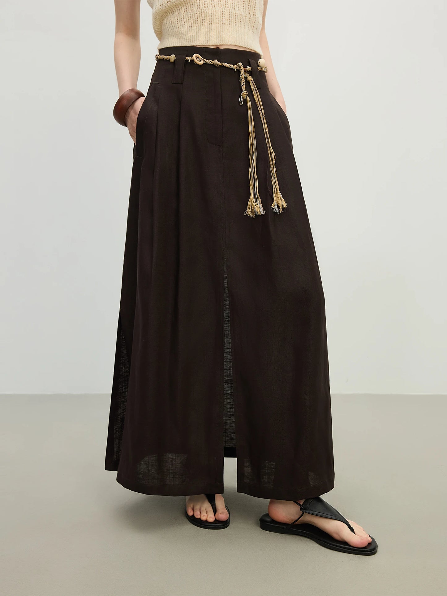 Brown Drawstring Sheer Maxi Skirt