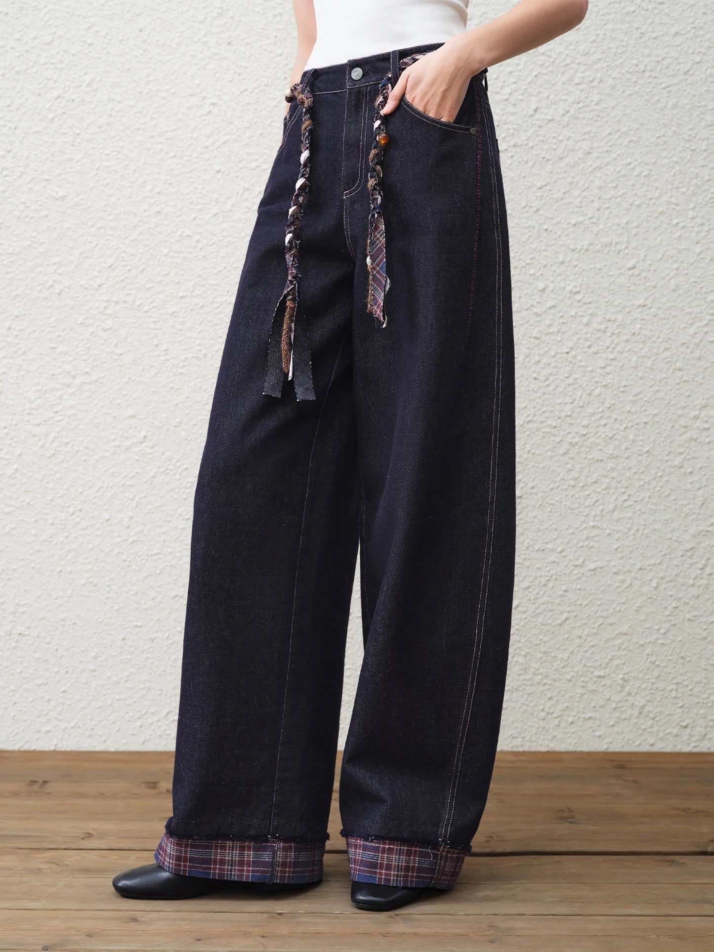 Indigo Plaid Cuff Straight Jeans