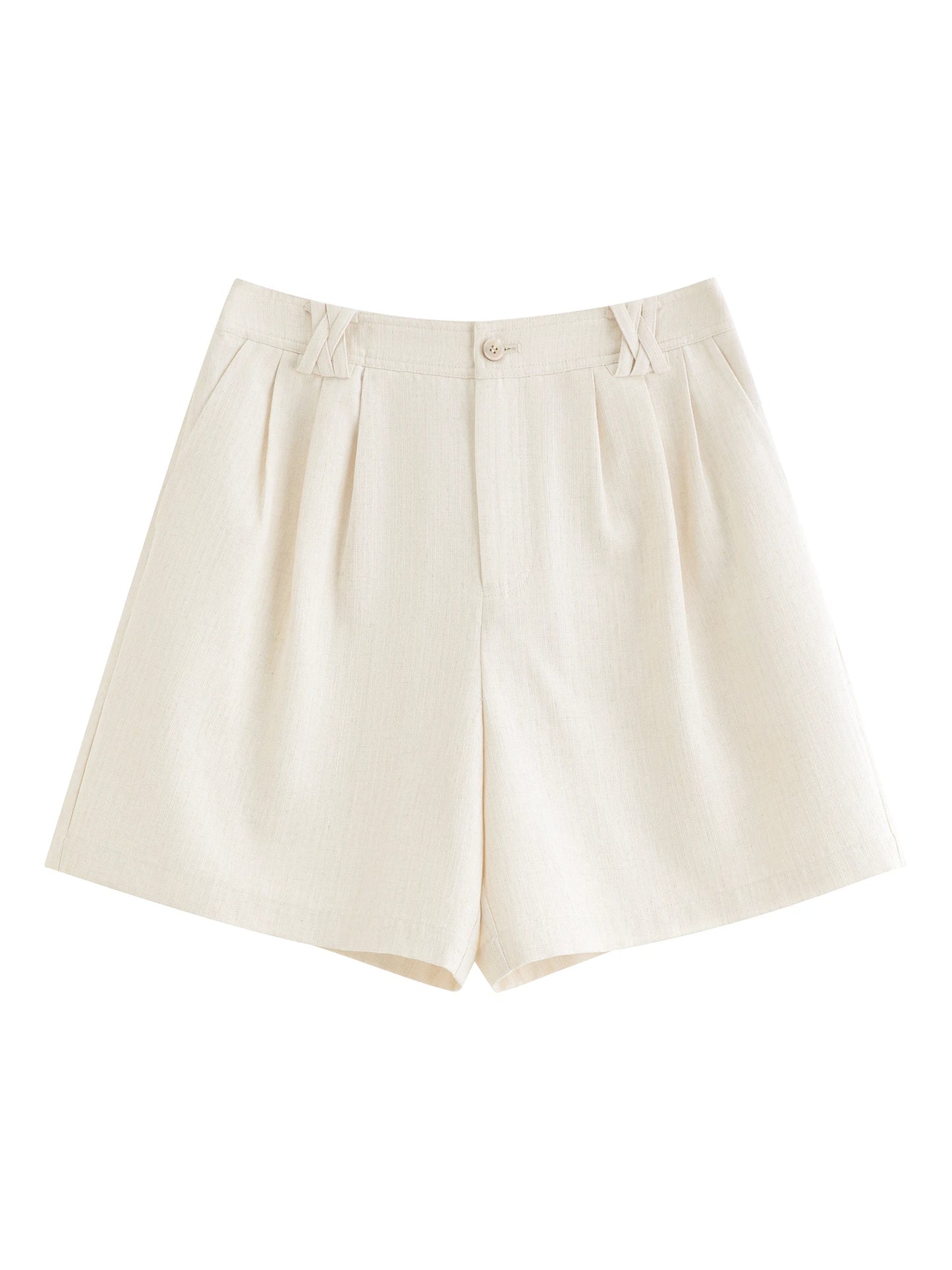 Beige Pleated Linen Blend Shorts