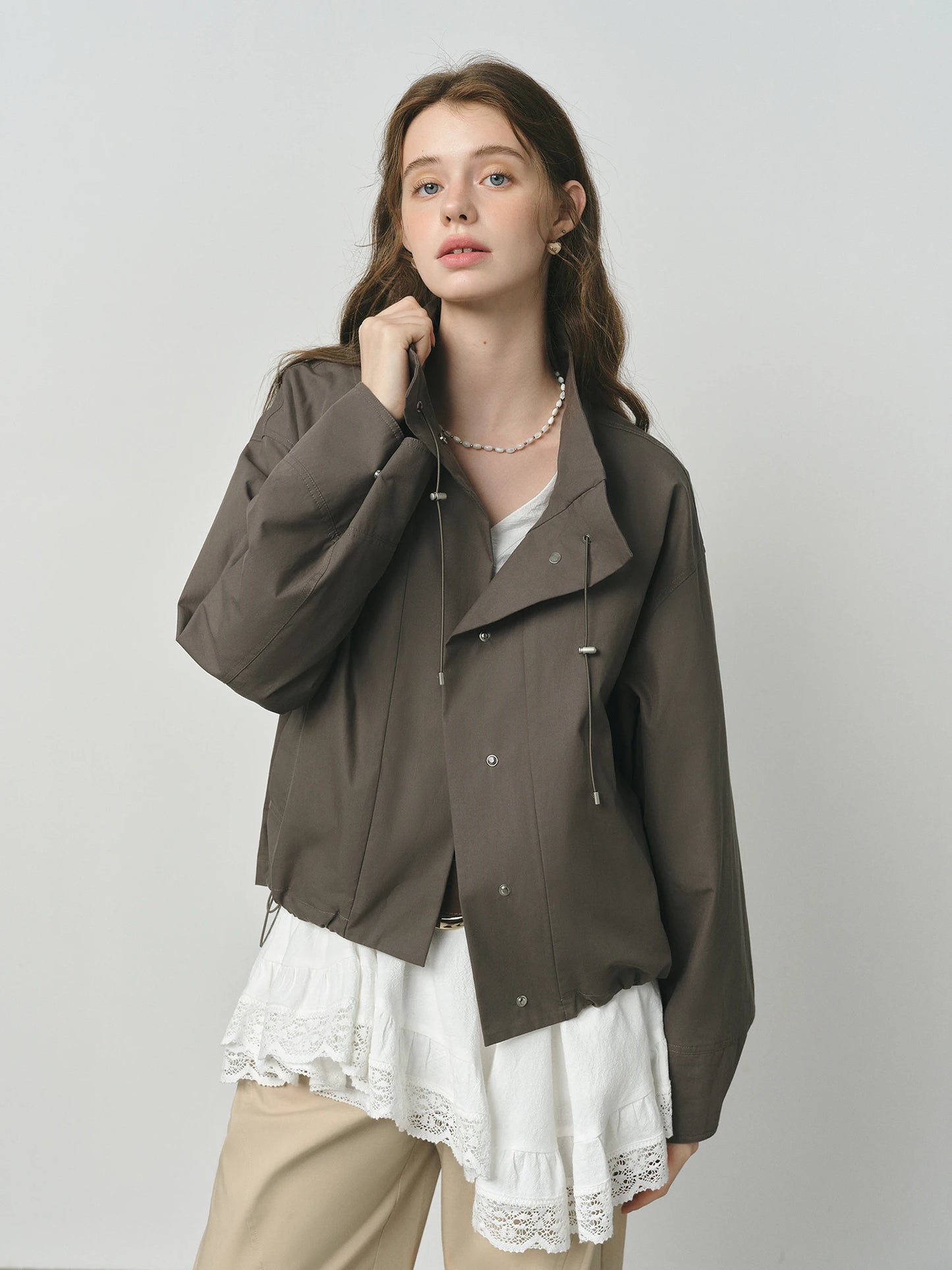 Beige Puff Sleeve Bomber Jacket