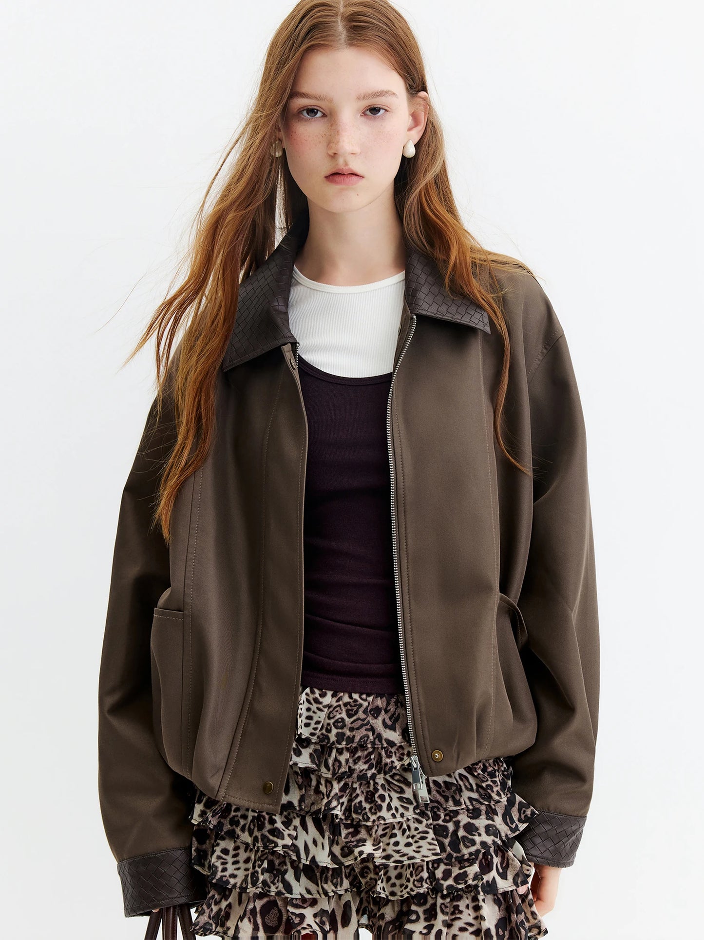 Brown Contrast Collar Bomber Jacket