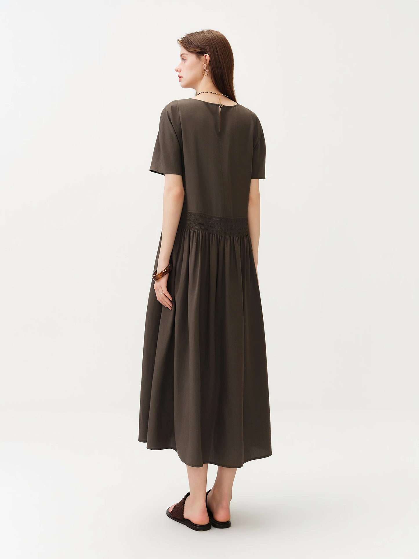 Brown Gathered Waist Maxi Dress