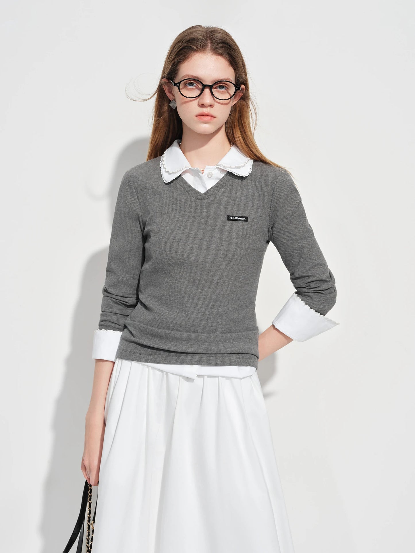 Grey V Neck Embroidered Long Sleeve Tee