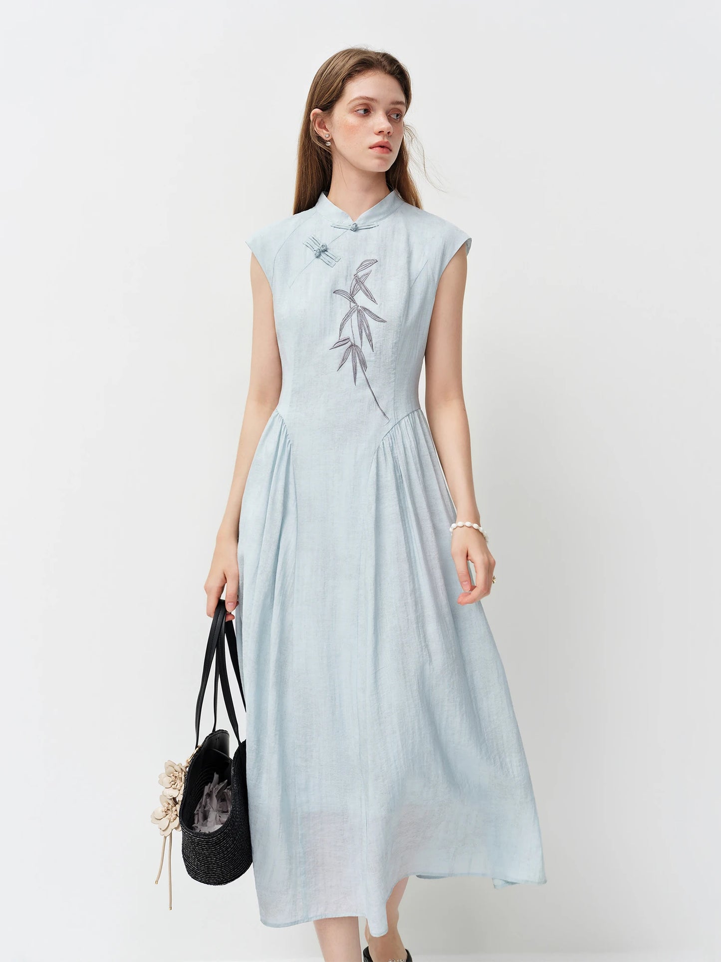 Pale Blue Embroidered Mandarin Collar Maxi Dress