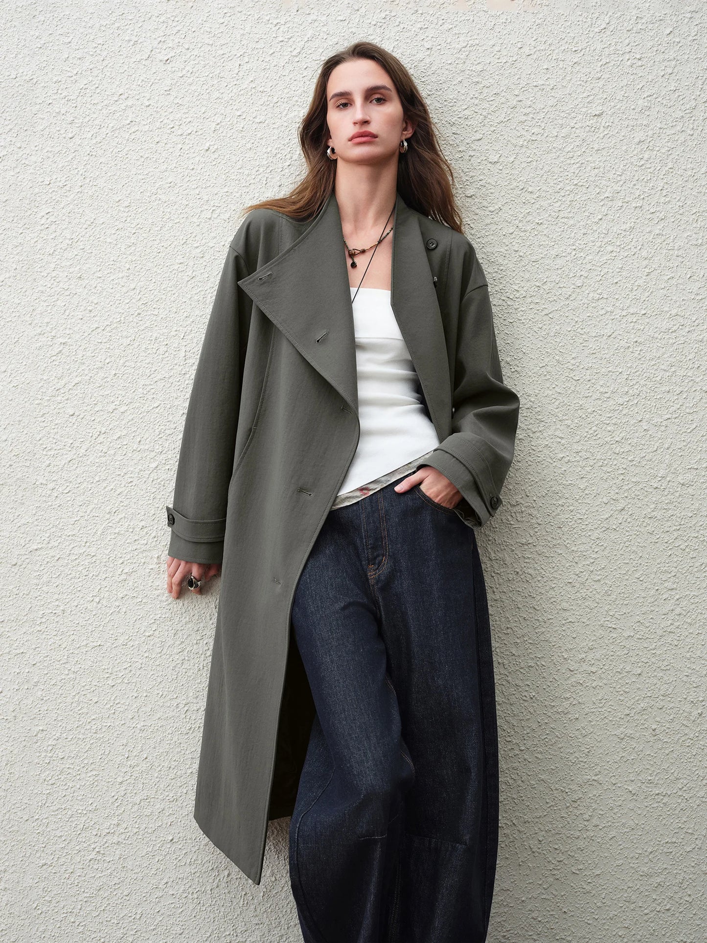 Dark Olive Asymmetric Belted Long Trench