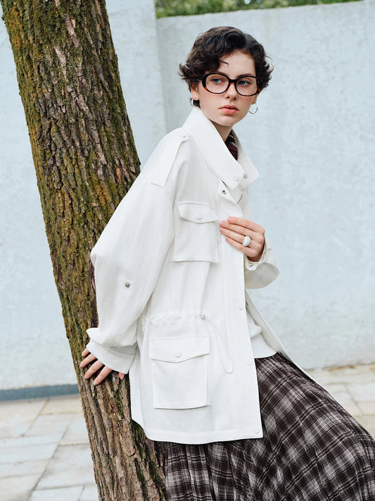 White Drawstring Utility Jacket