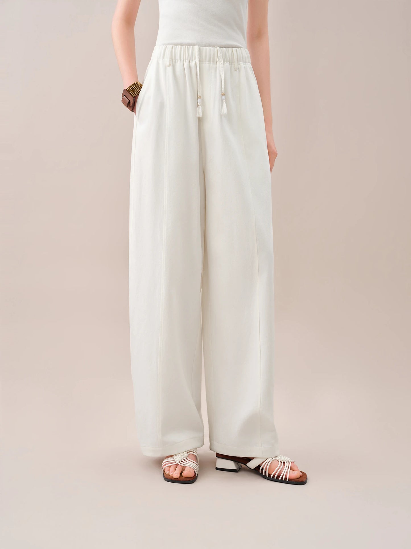 Brown Elastic Waist Wide Leg Pants