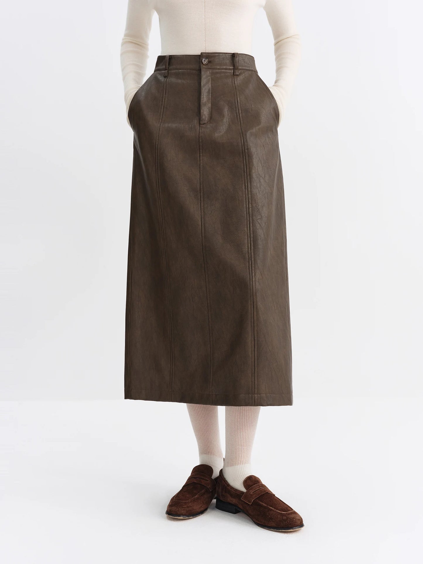 Brown Faux Leather Straight Midi Skirt
