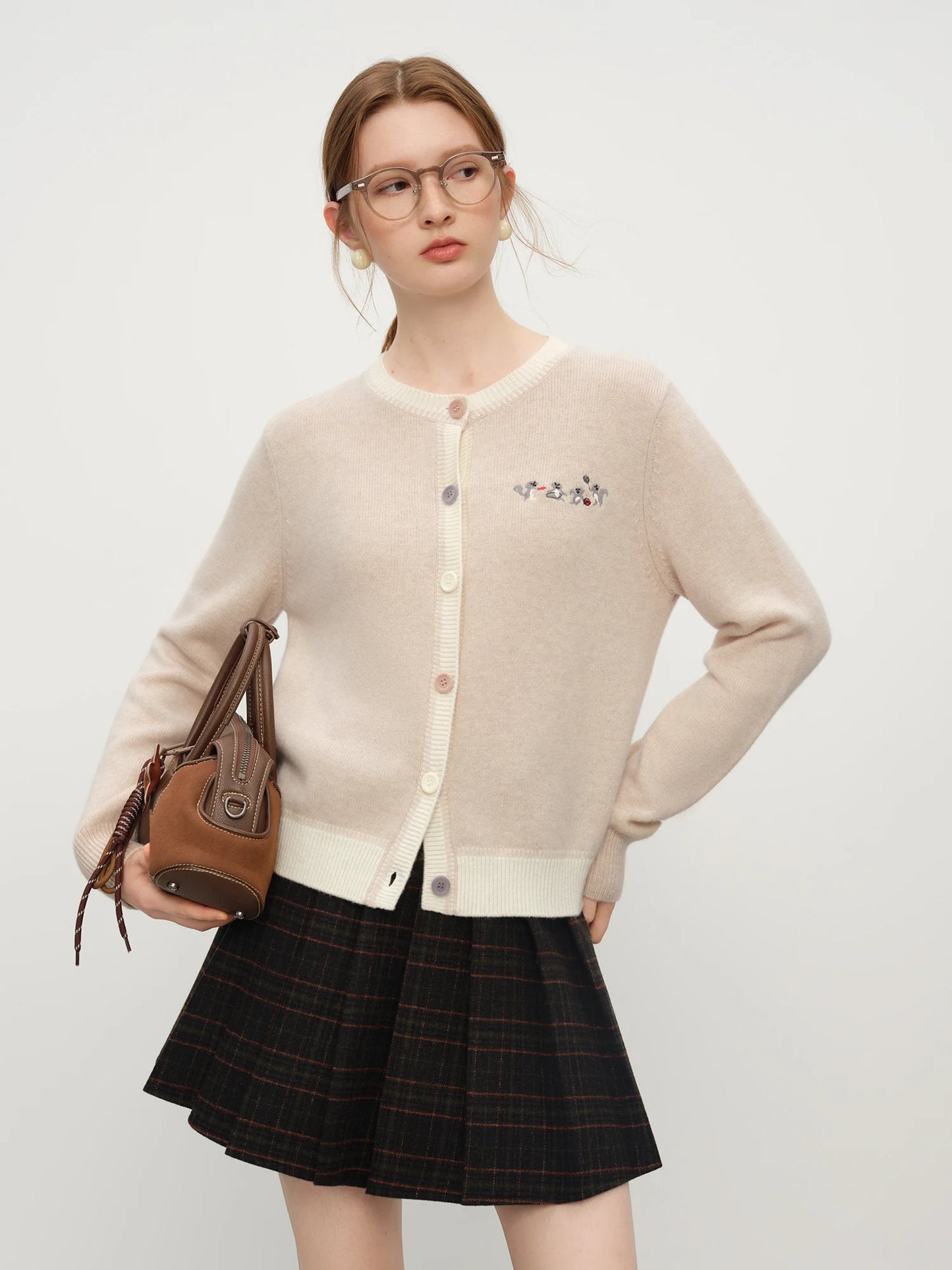 Beige Embroidered Crew Neck Cardigan
