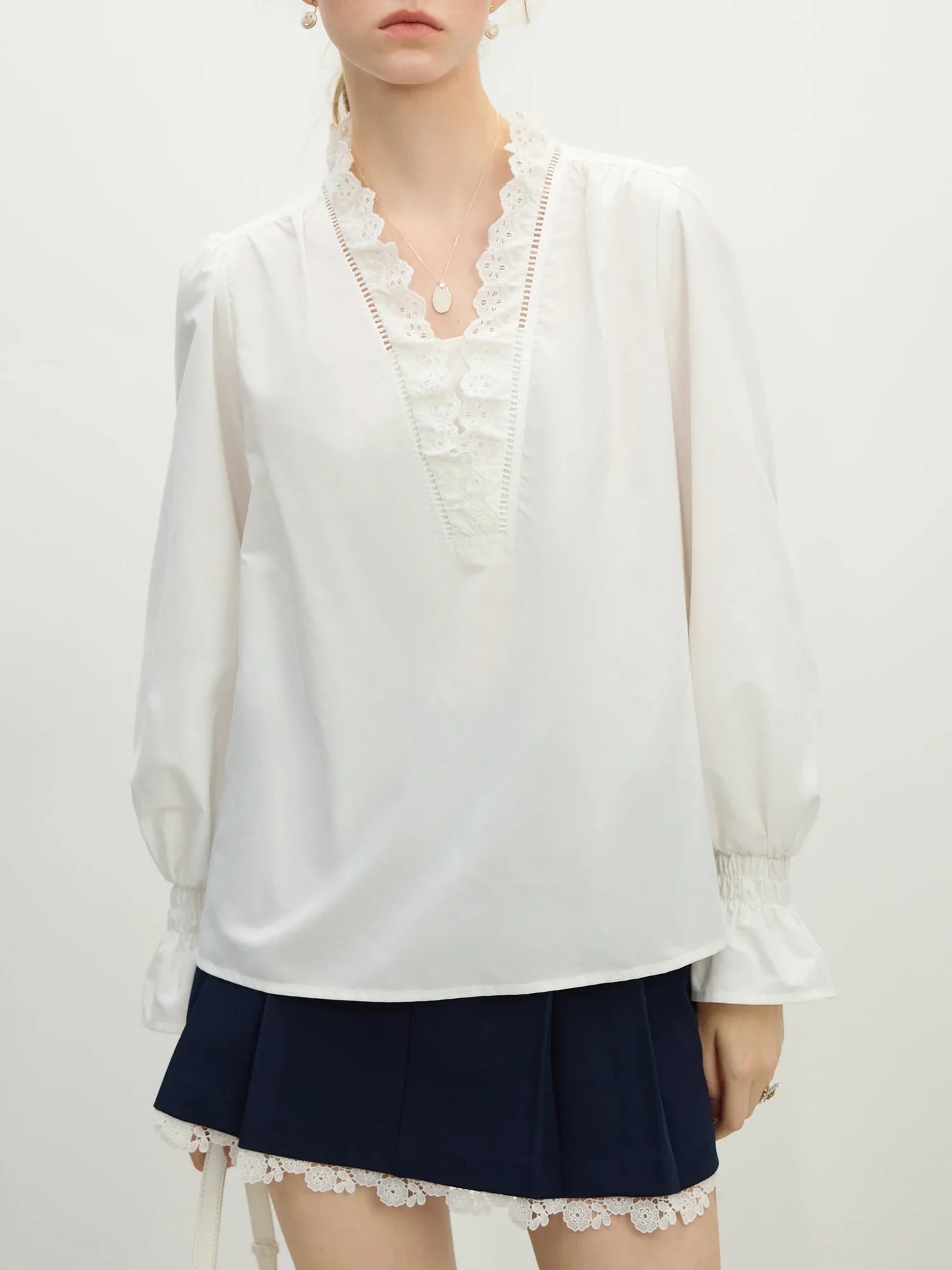White Lace Placket V Neck Blouse