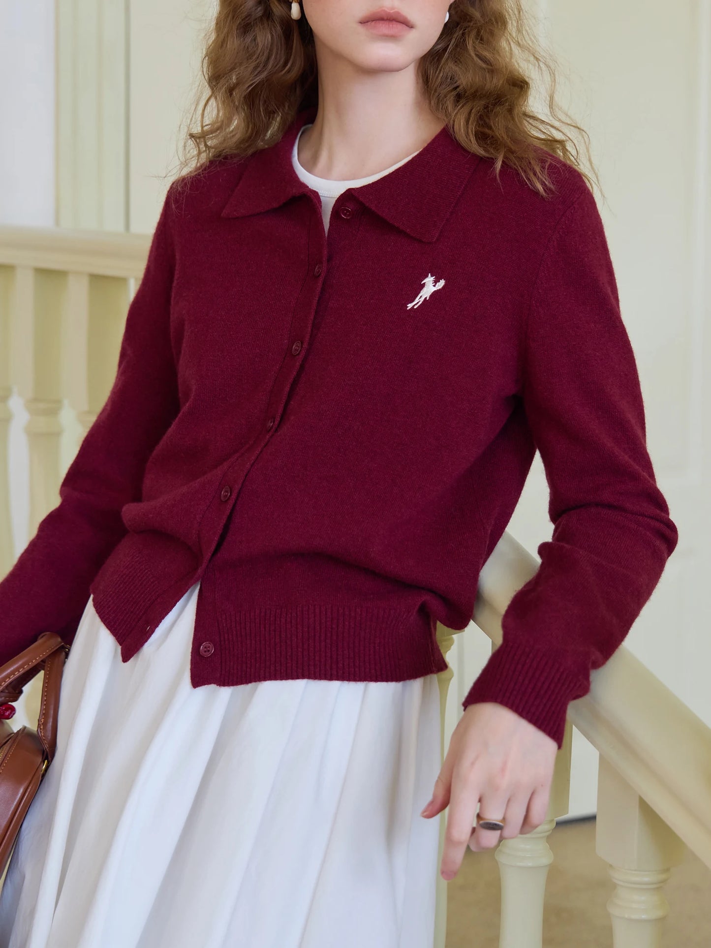 Grey Embroidered Polo Knit Cardigan