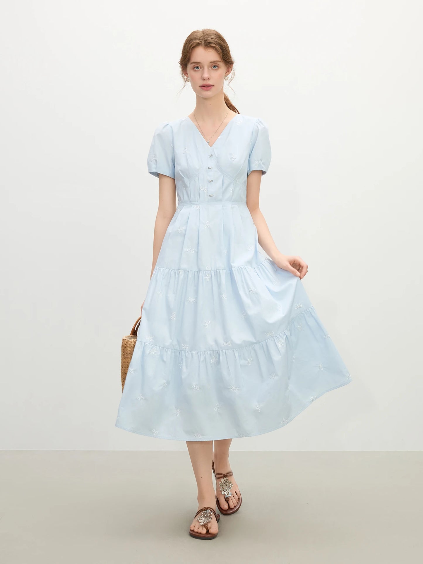 Pale Blue Tiered V-Neck Midi Dress