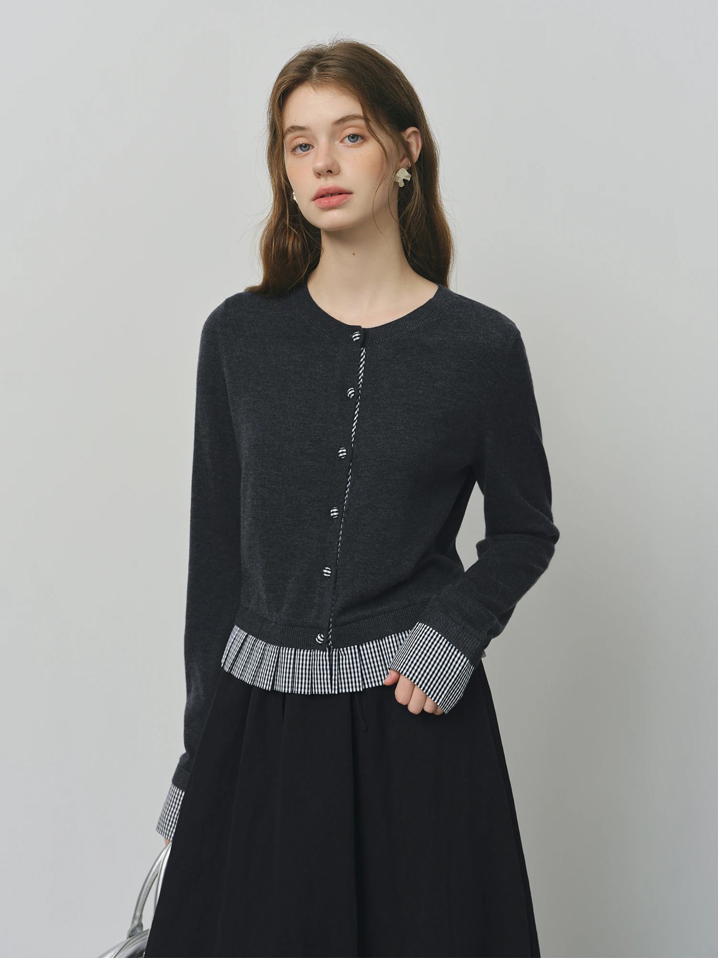 Black Plaid Hem Knit Cardigan