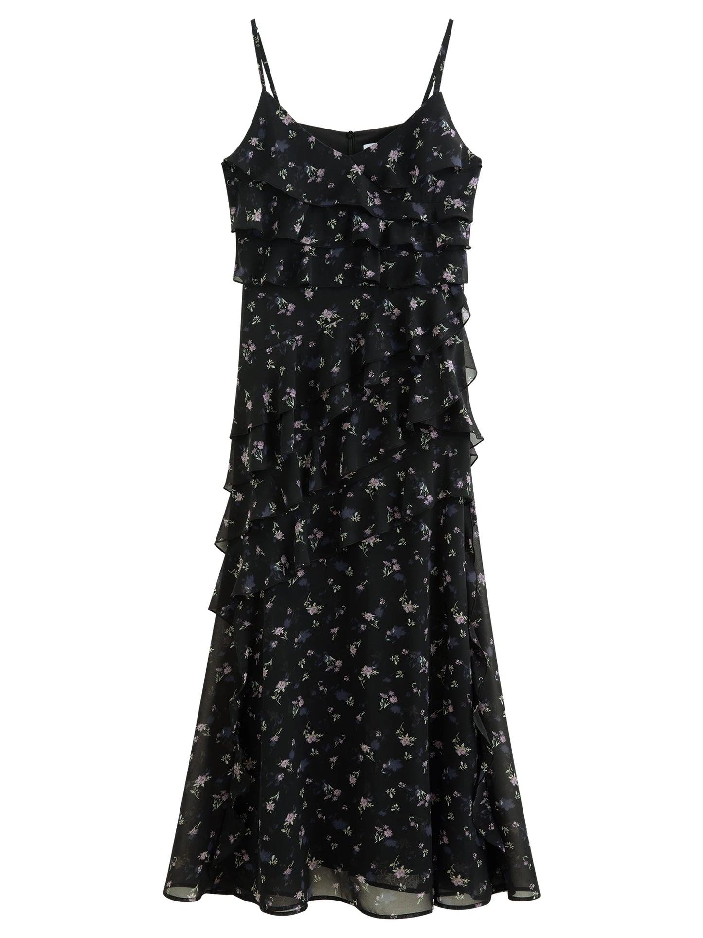 Black Floral Ruffle Tiered Maxi Dress
