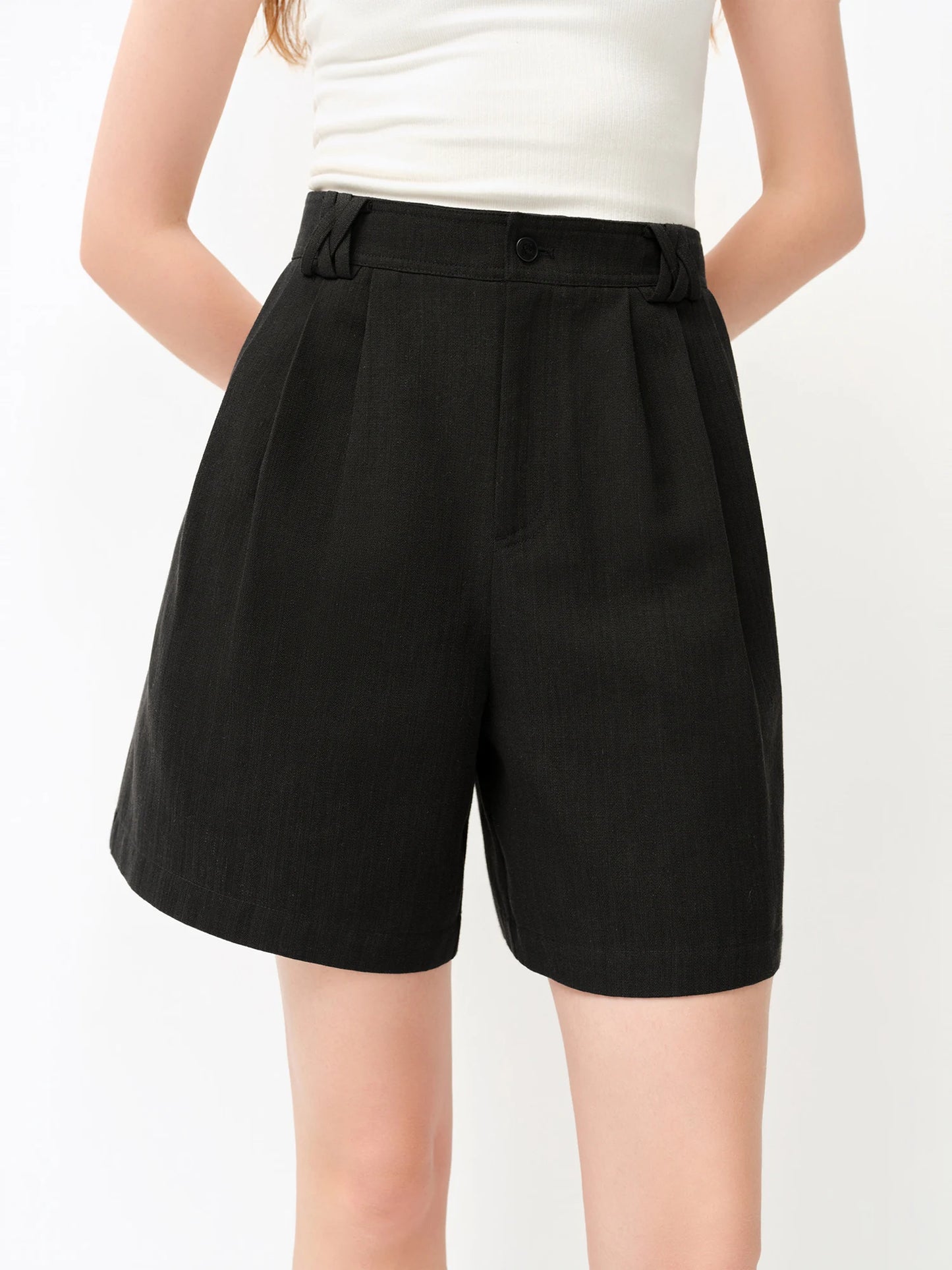 Beige Pleated Linen Blend Shorts
