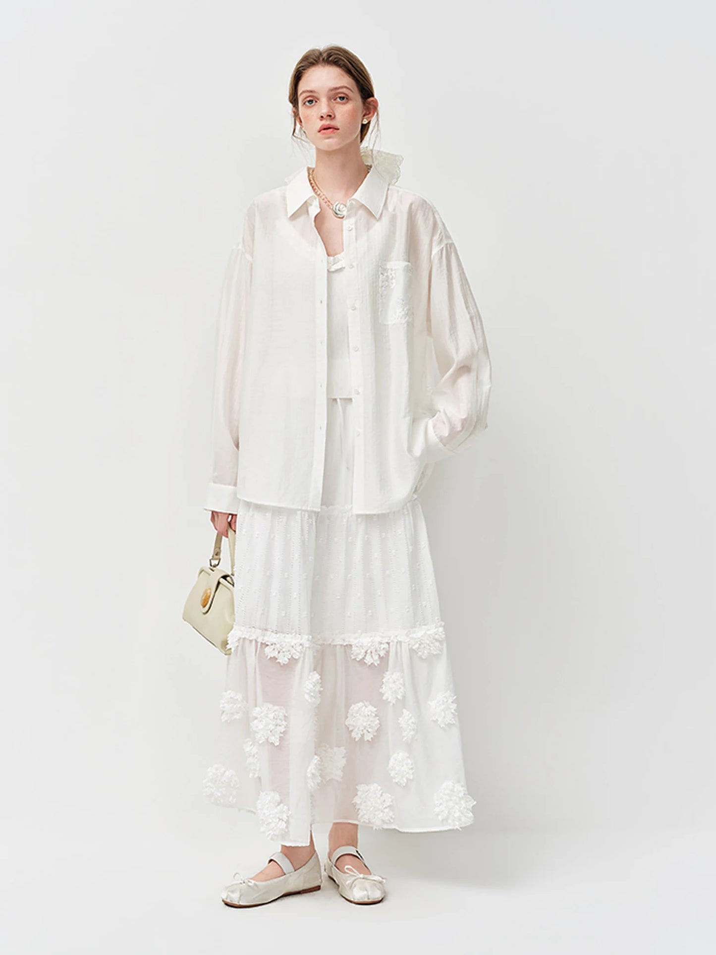 Ivory Floral Embroidered Tiered Maxi Skirt