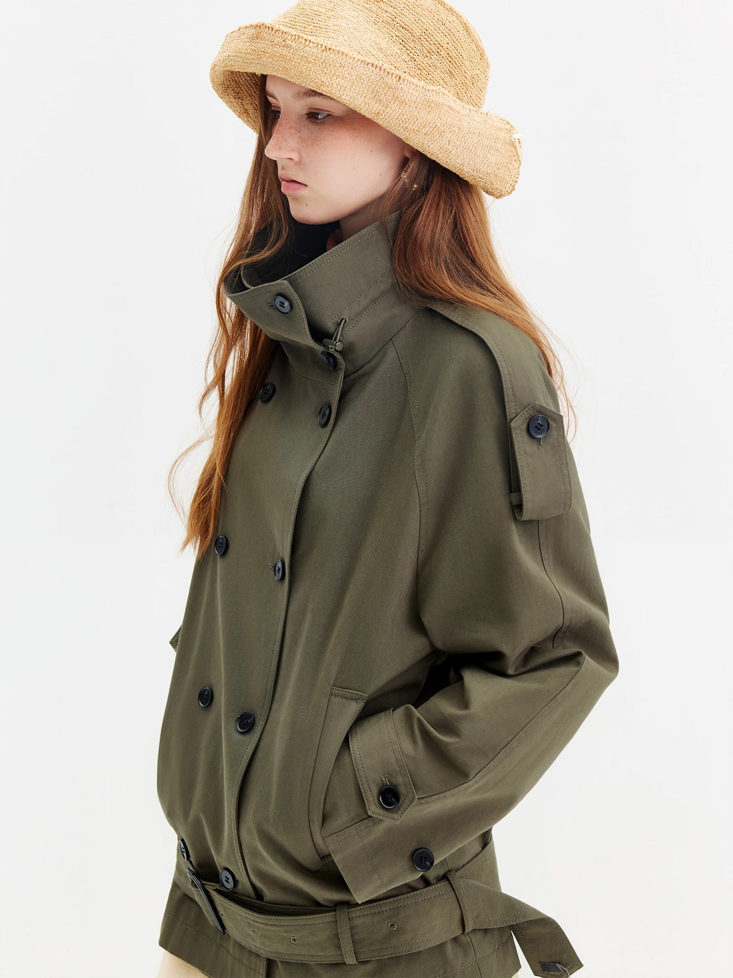 Olive High Collar Cropped Utility Trench