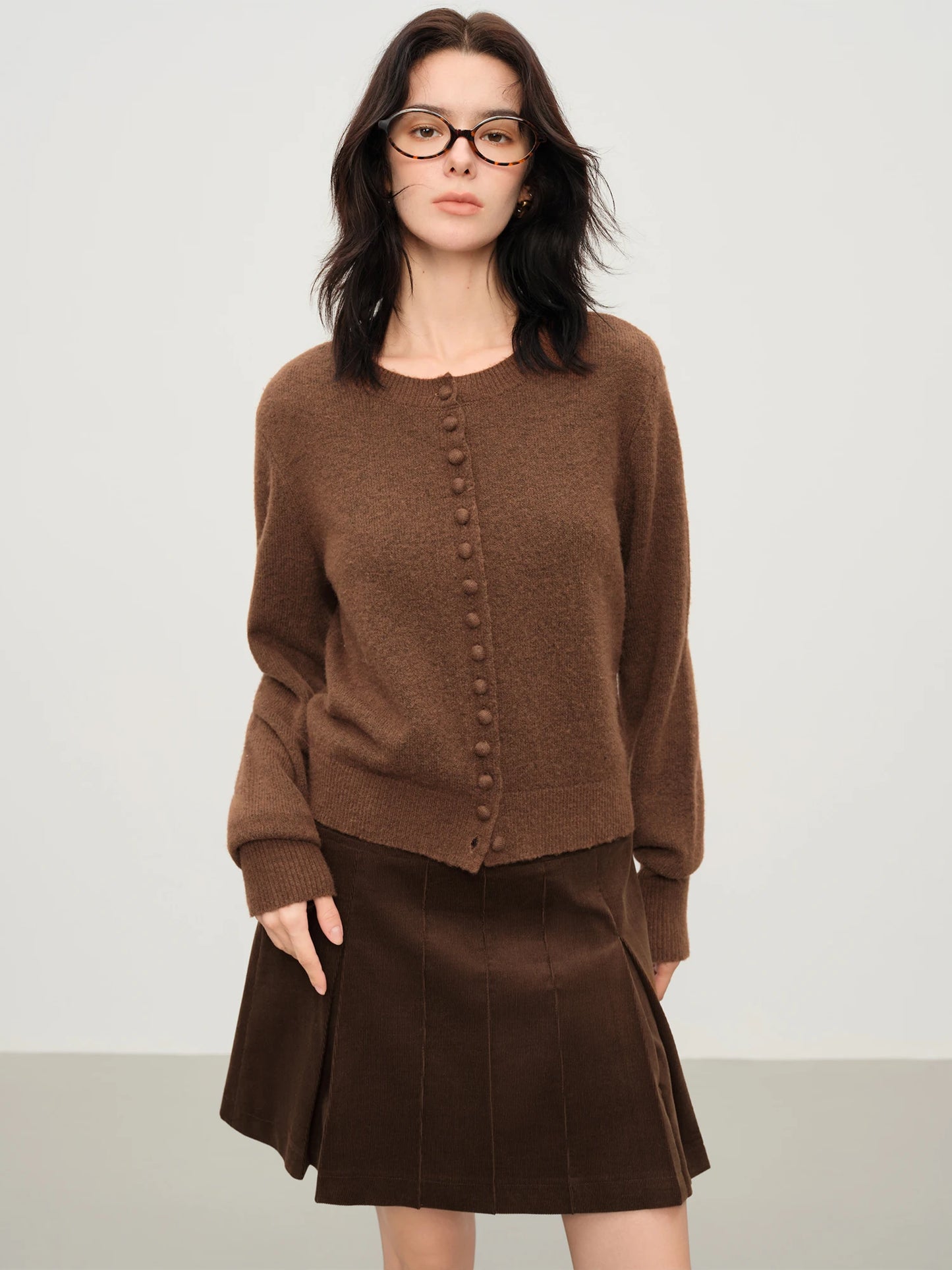 Chocolate Crew Neck Knit Cardigan