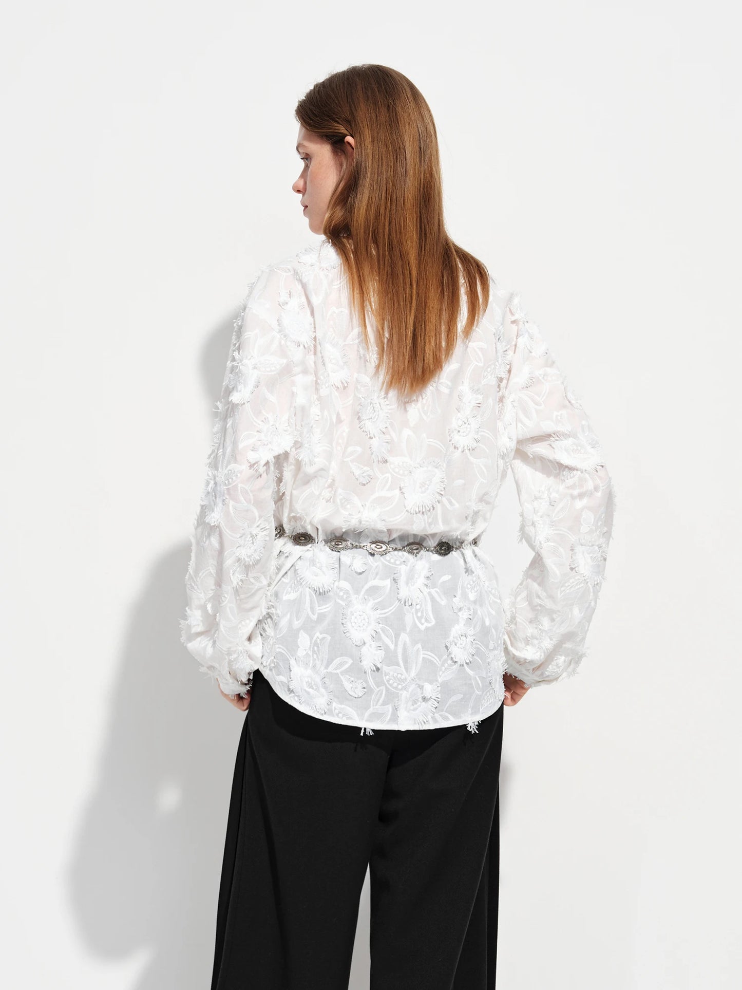 White Jacquard Belted Blazer