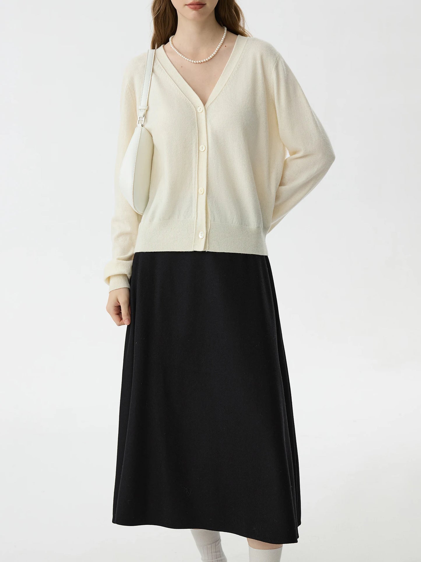 Black Wool A-Line Midi Skirt