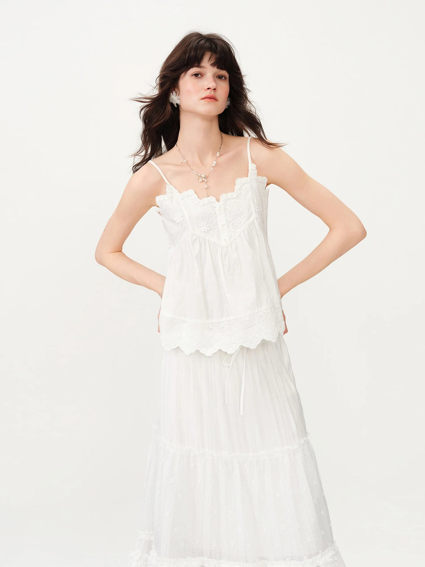 White Embroidered Ruffle Camisole Top