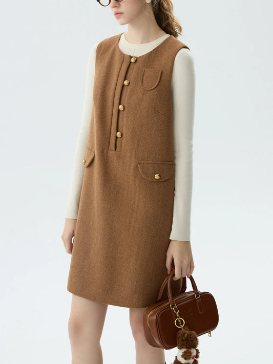 Camel Wool Button Mini Dress