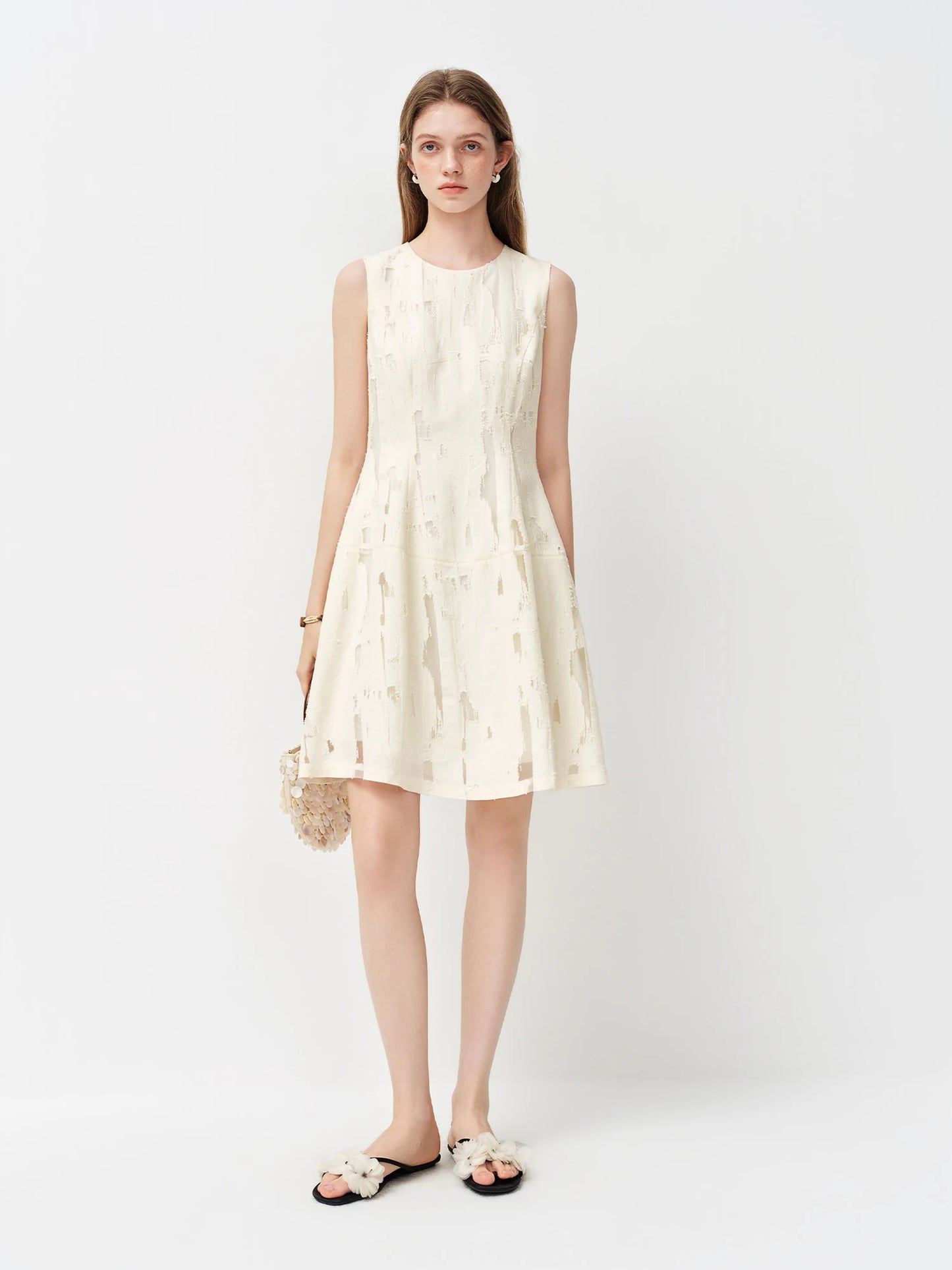 Ivory Embroidered Sleeveless Midi Dress