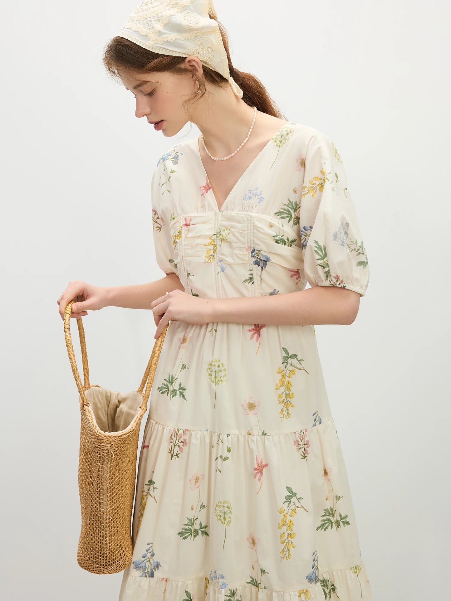 Ivory Floral V-Neck Midi Dress