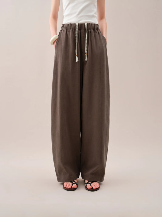 Brown Elastic Waist Wide Leg Pants