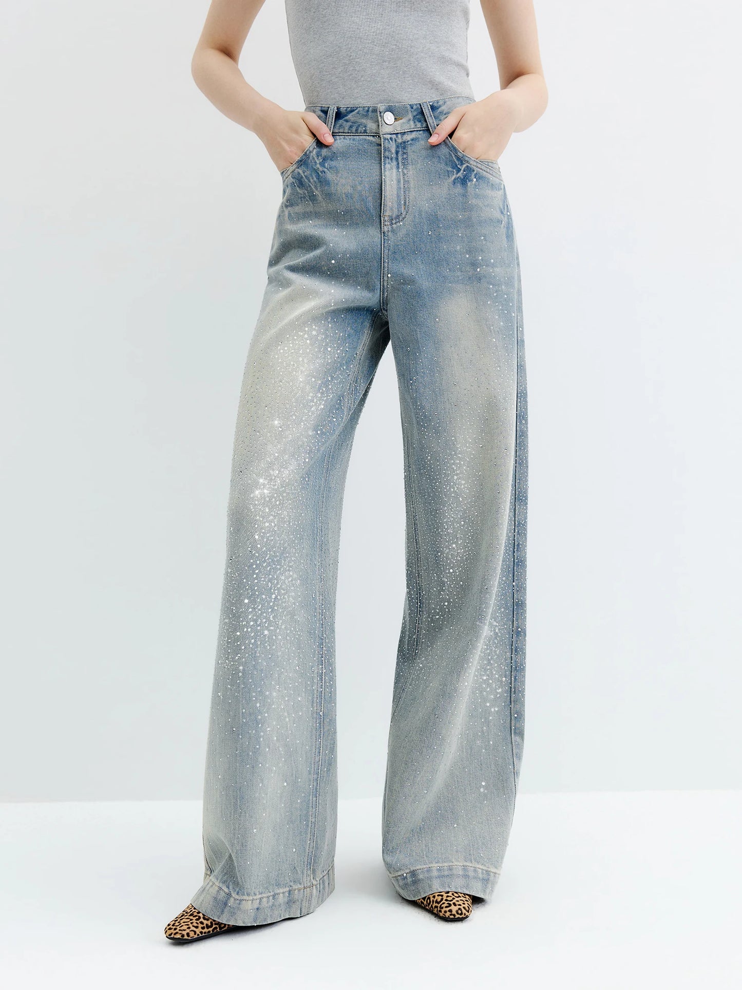 Light Wash Rhinestone Wide Leg Jeans