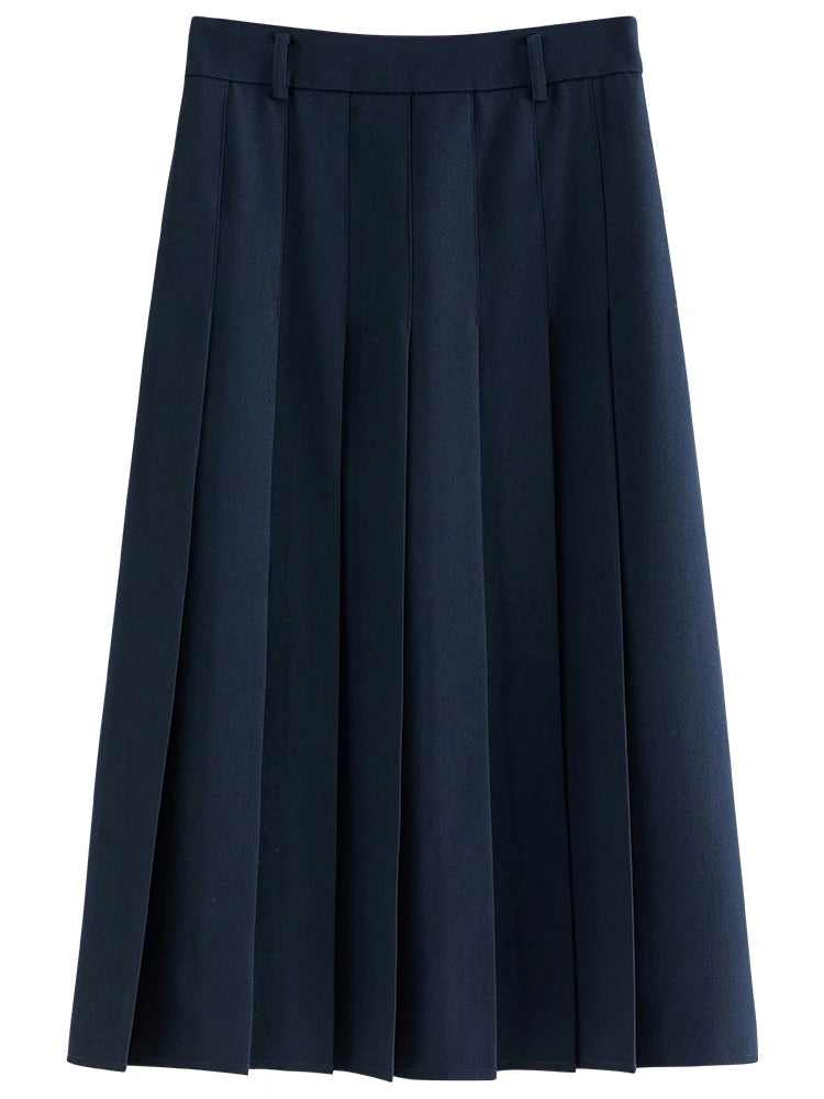 Navy Belted Pleated Midi Skirt