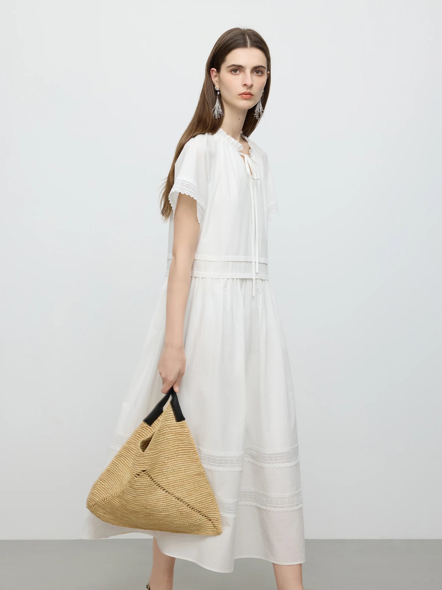 White Lace Panel Shirt Midi Dress