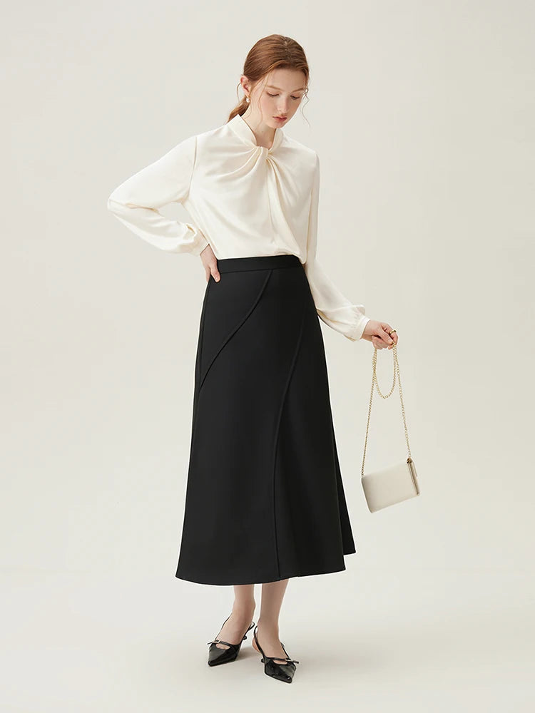 Black Asymmetric Wrap Midi Skirt
