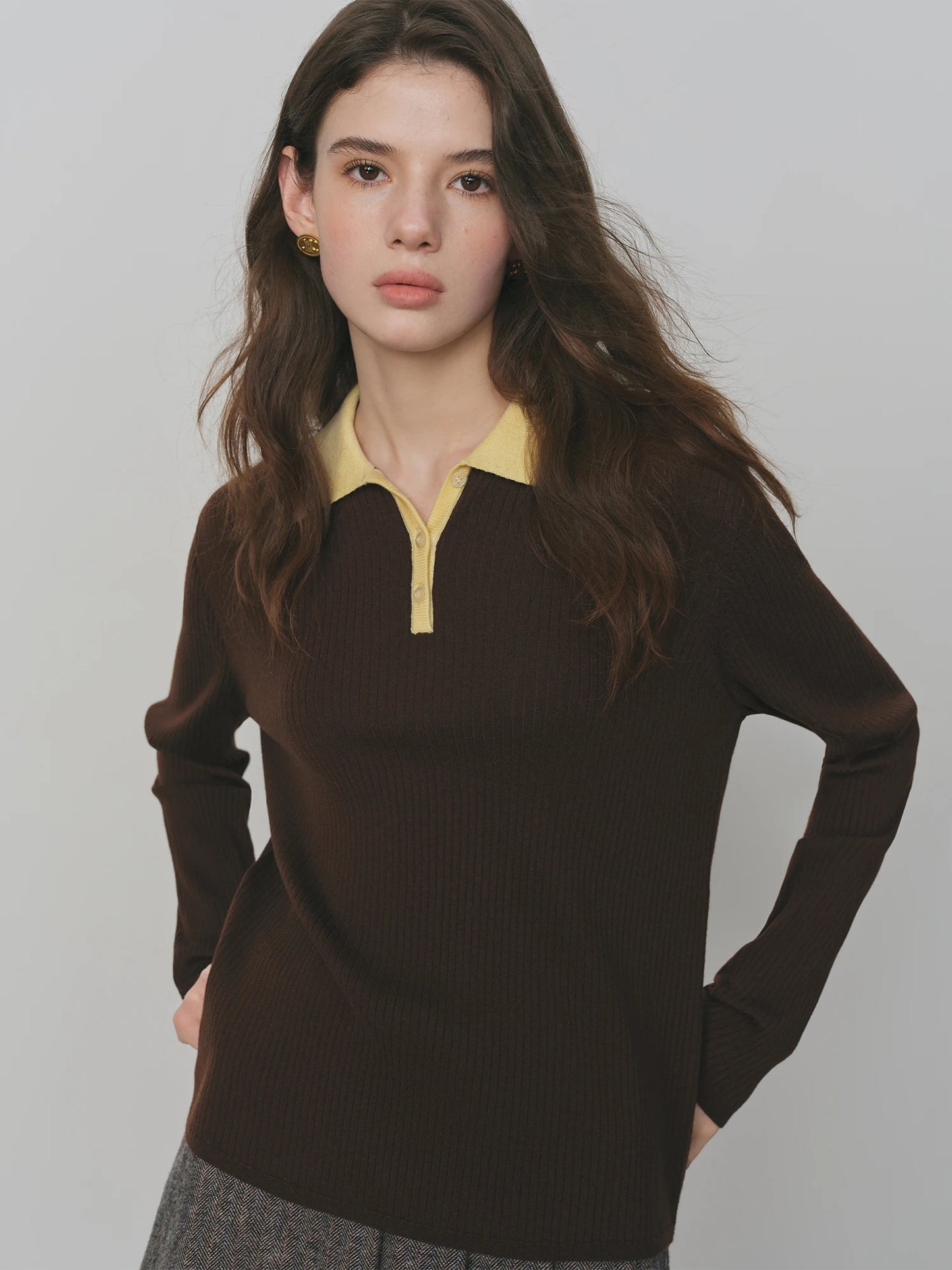 Chocolate Contrast Collar Polo Knit Top