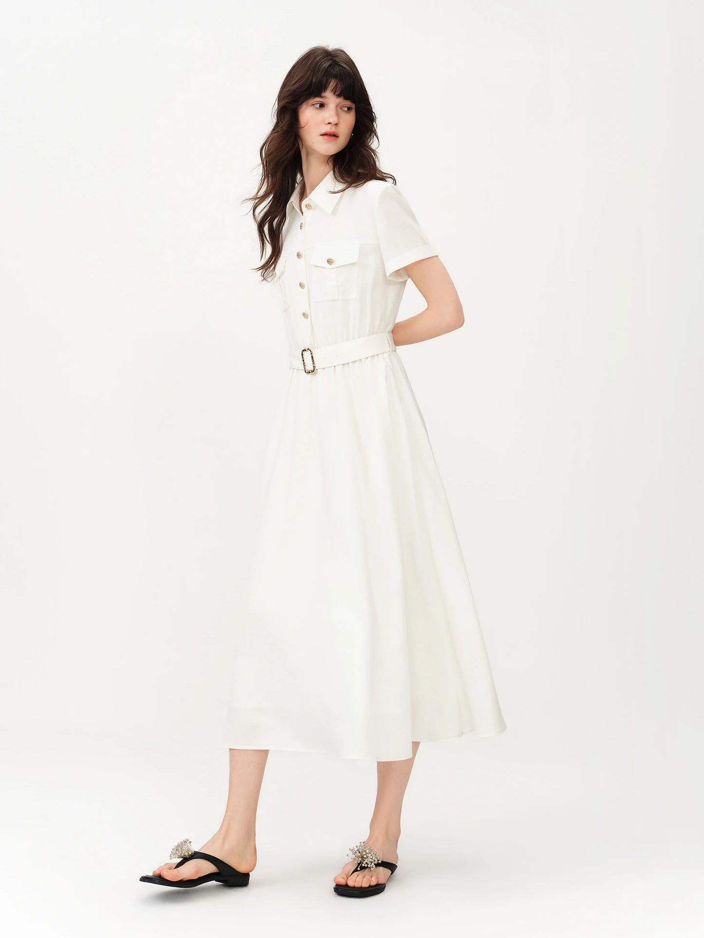 White Belted Shirt Midi Dress