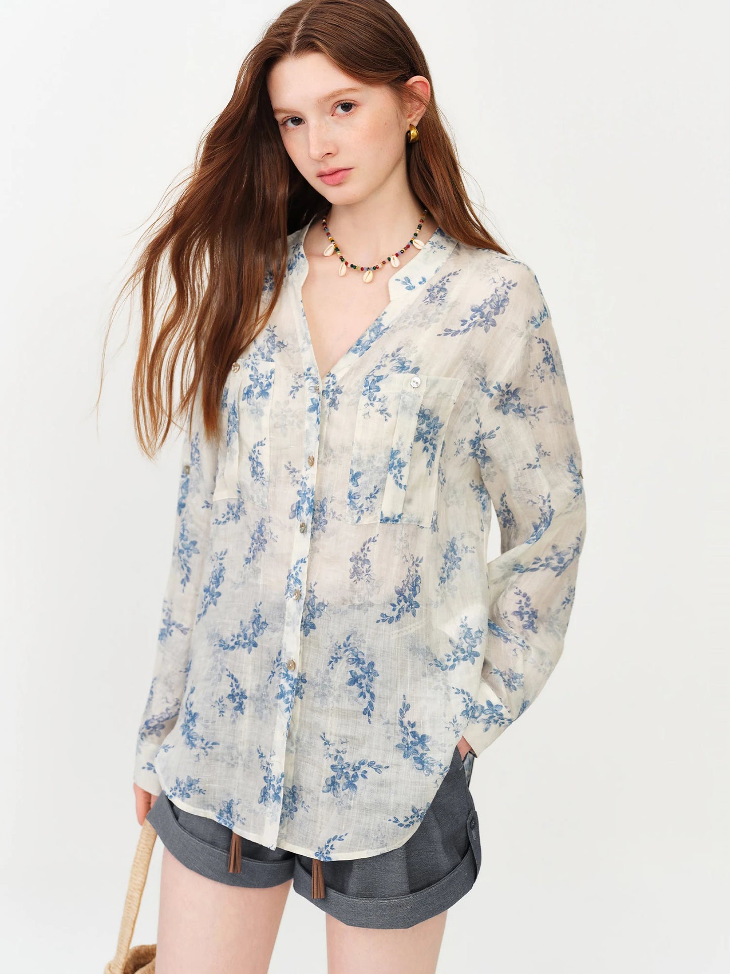 Blue Floral Ruffle Neck Blouse