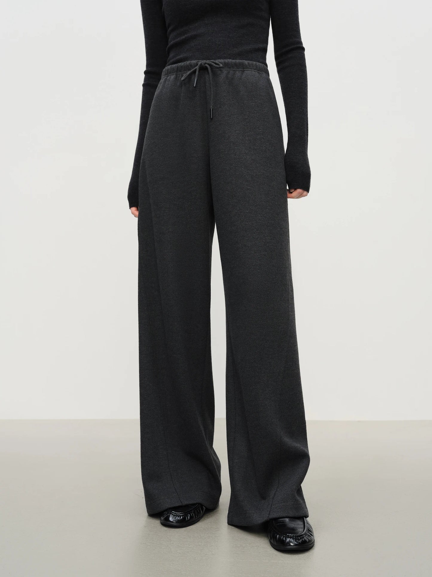 Grey Drawstring Knit Wide Leg Pants