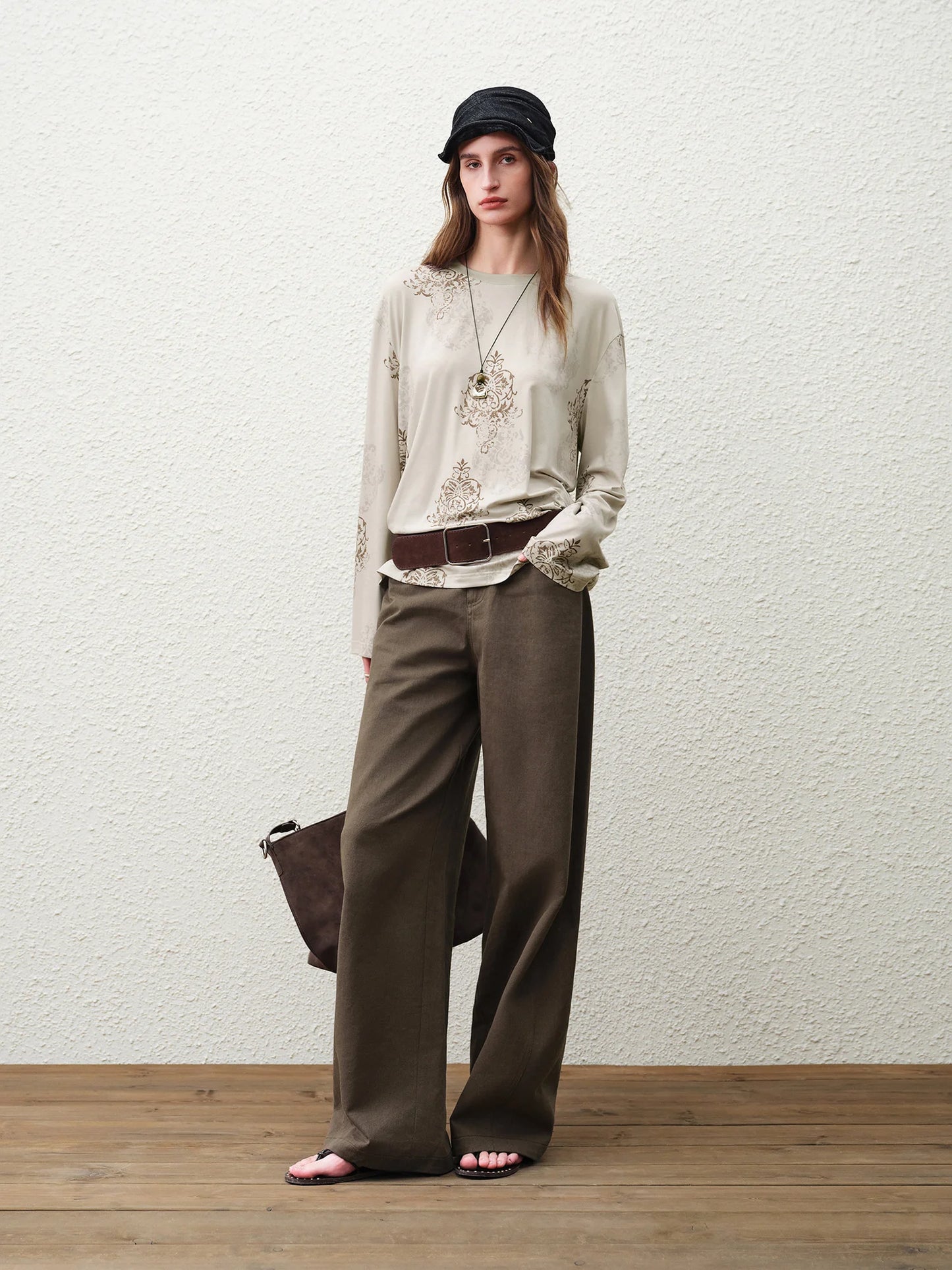 Taupe Jacquard Mandarin Collar Blouse