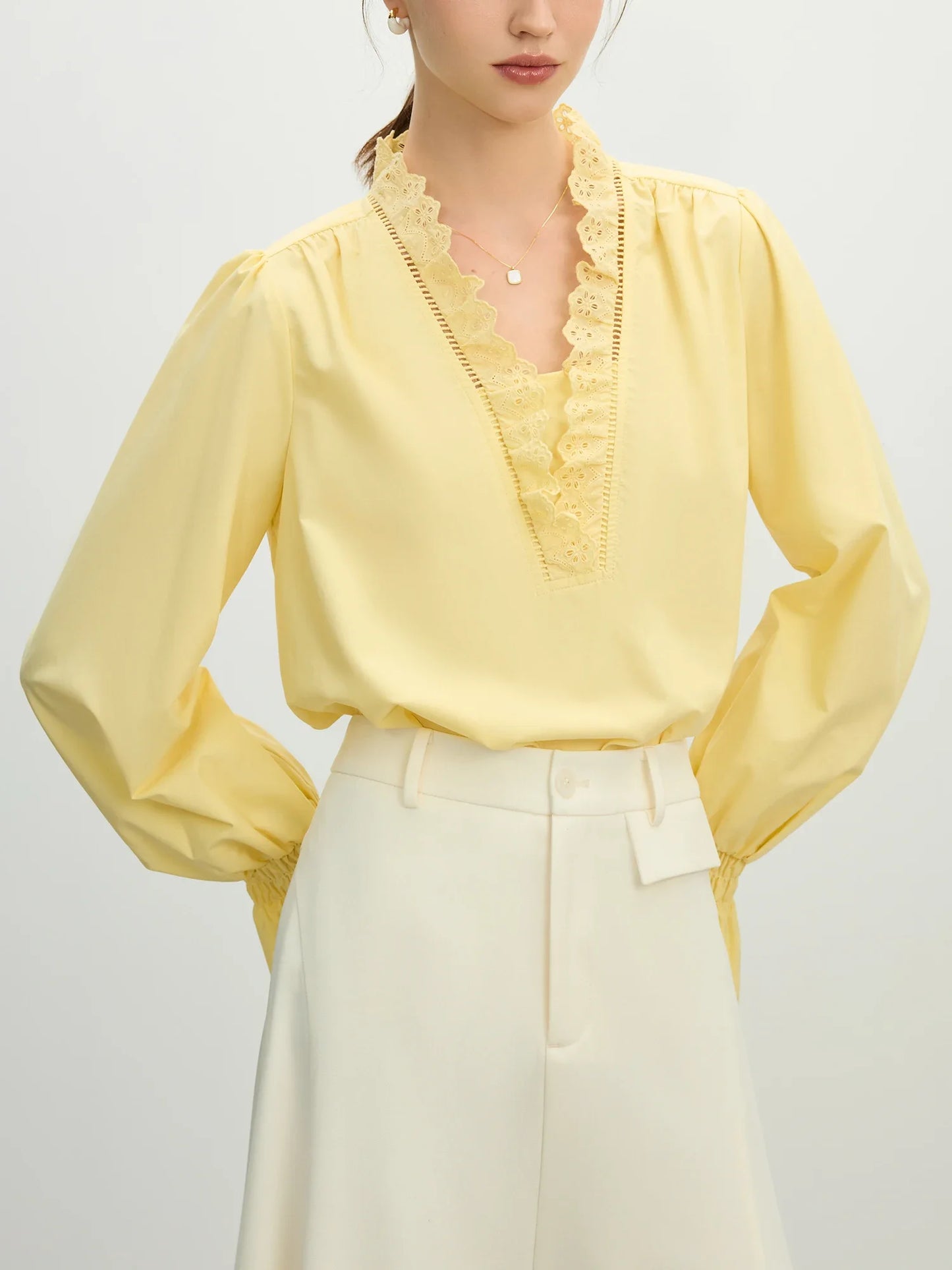 White Lace Placket V Neck Blouse