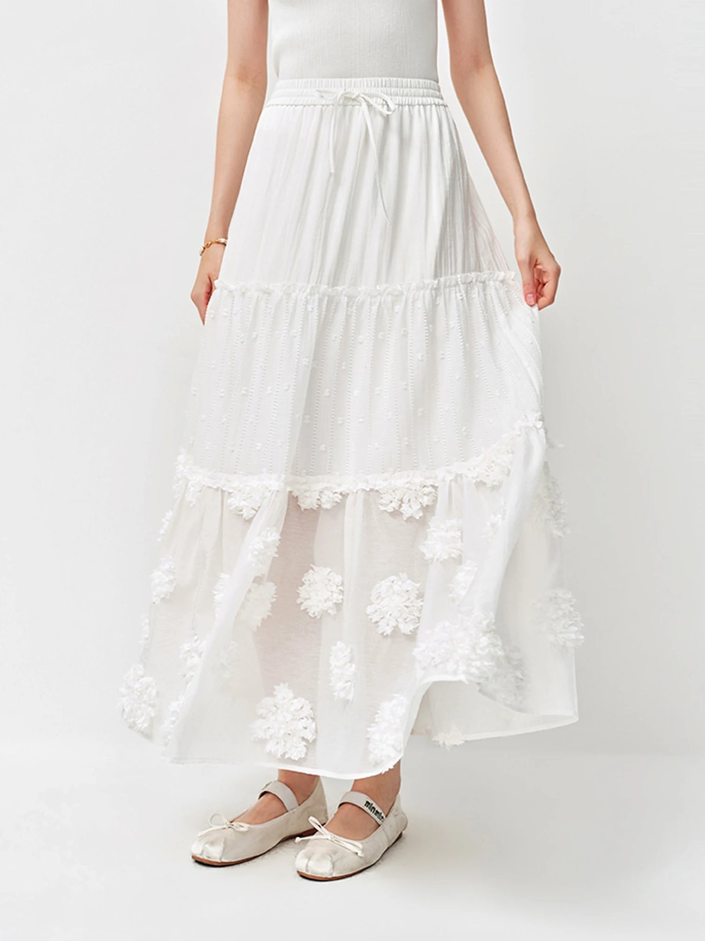 Ivory Floral Embroidered Tiered Maxi Skirt