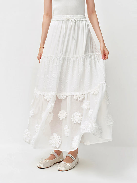 Ivory Floral Embroidered Tiered Maxi Skirt