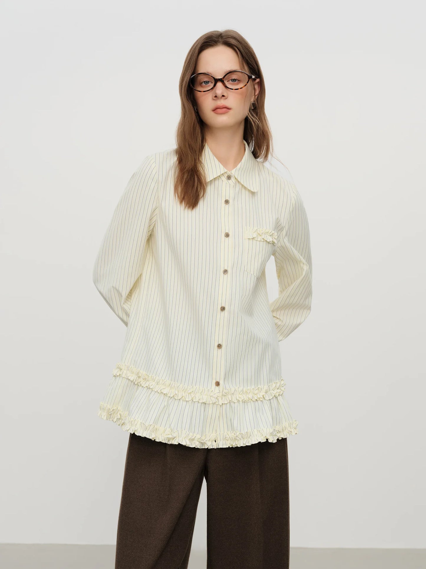 Ivory Striped Ruffle Hem Shirt