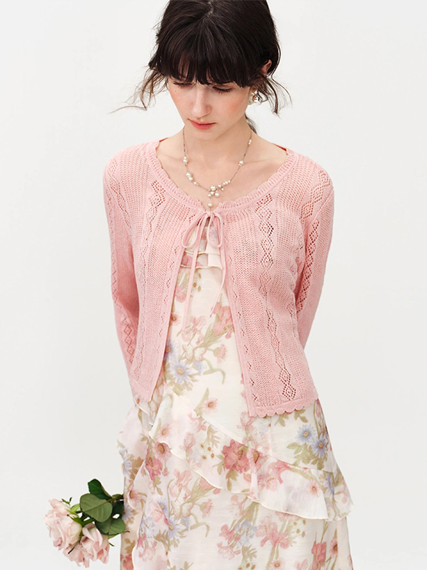 Blush Lace Cropped Knit Cardigan