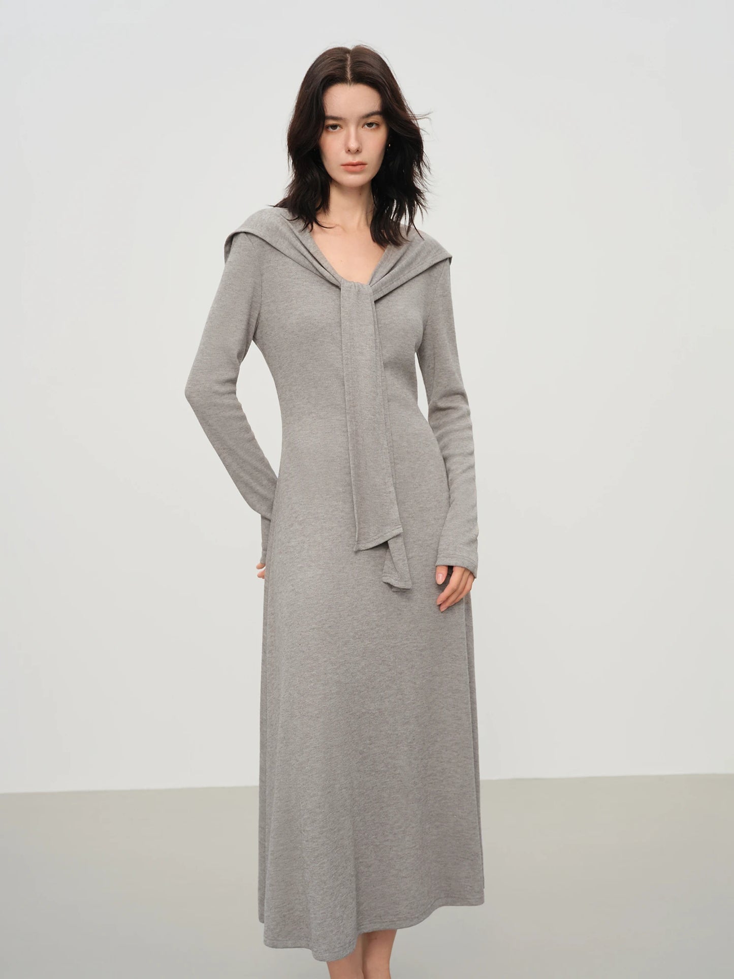 Grey Shawl Collar Knit Maxi Dress