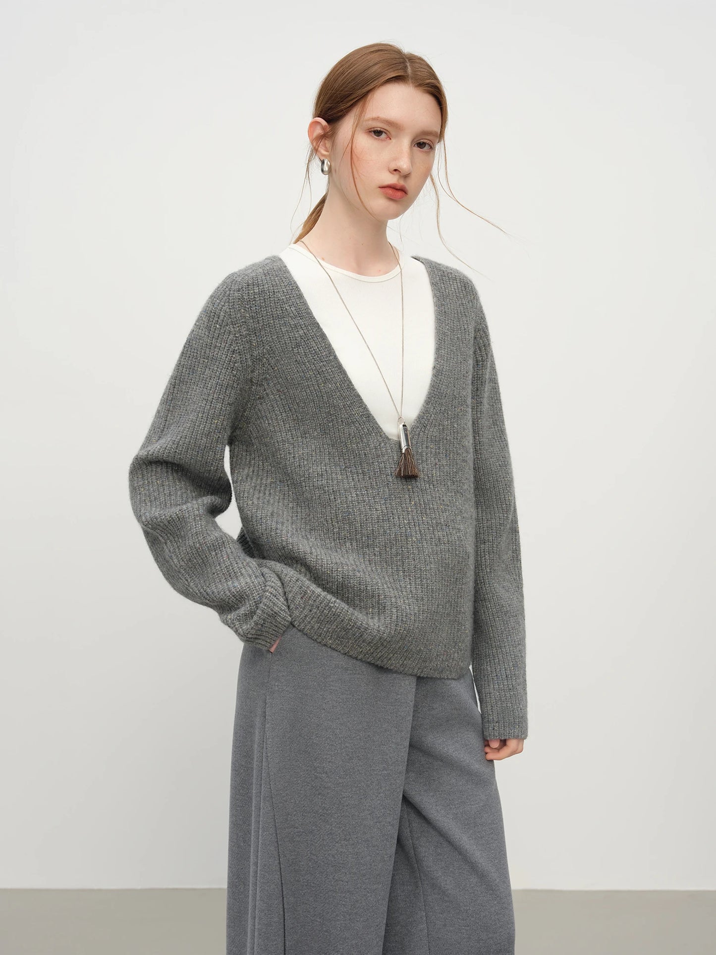 Grey Relaxed V Neck Wool Sweater