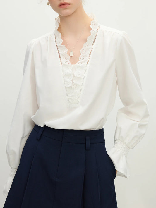 White Lace Placket V Neck Blouse