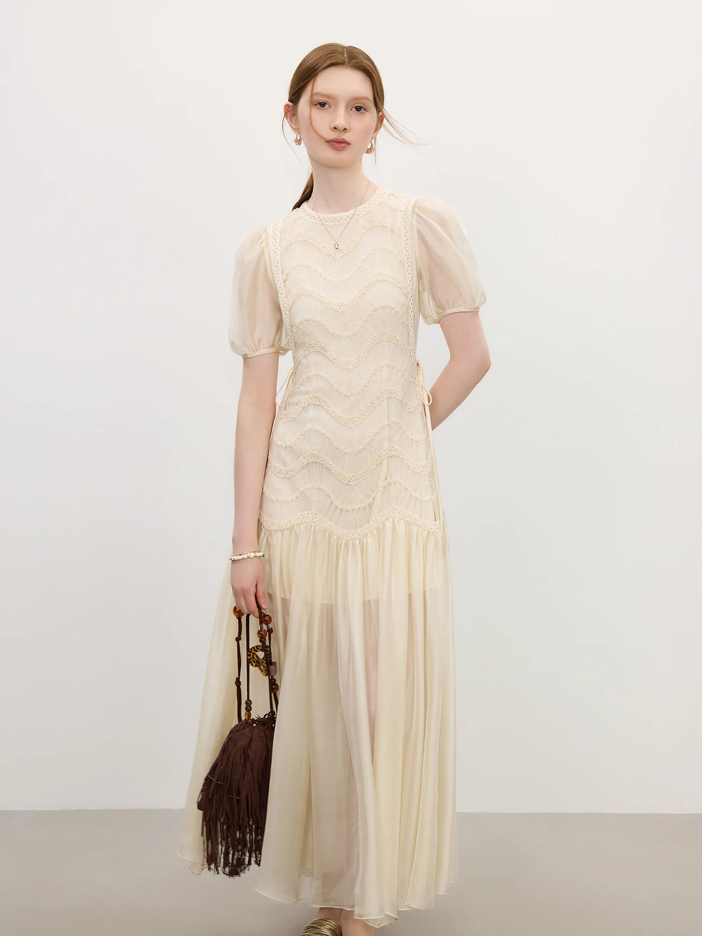 Ivory Embroidered Puff Sleeve Maxi Dress
